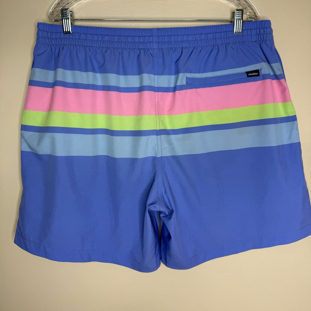 chubbies Men's Blue Swim Trunks with Pink and Lime Stripes - Picture 2 of 8